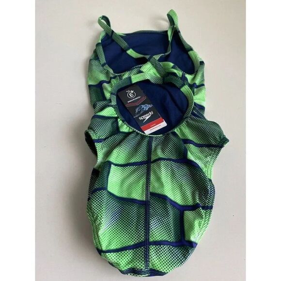Speedo Endurance+ Flyback Racing Cut Swimsuit Size 26 Green/Blue Competition NEW - Picture 6 of 10